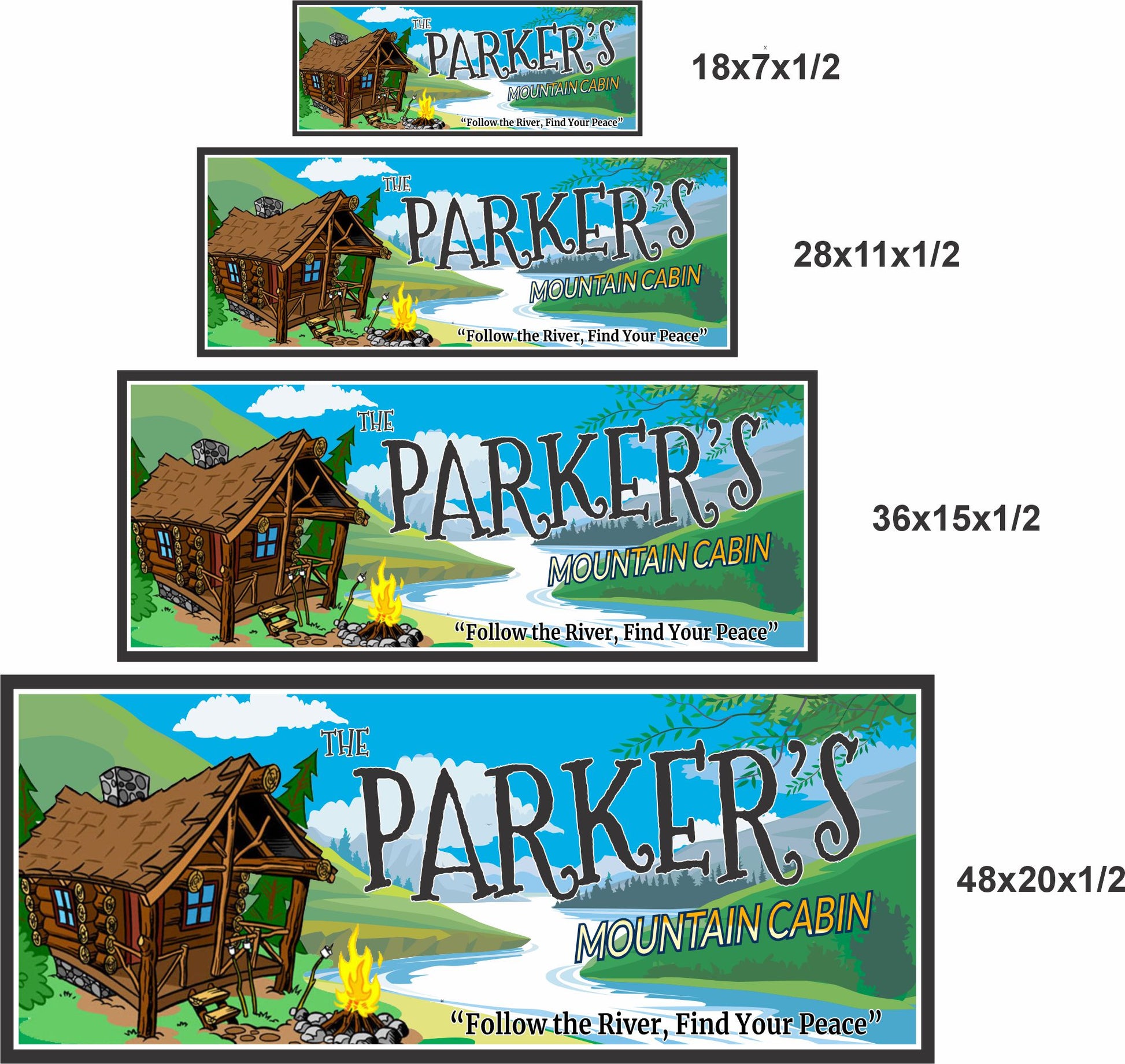 4 sizes comparison image showing personalized mountain cabin sign in 18x7, 28x11, 36x15, and 48x20 inch options