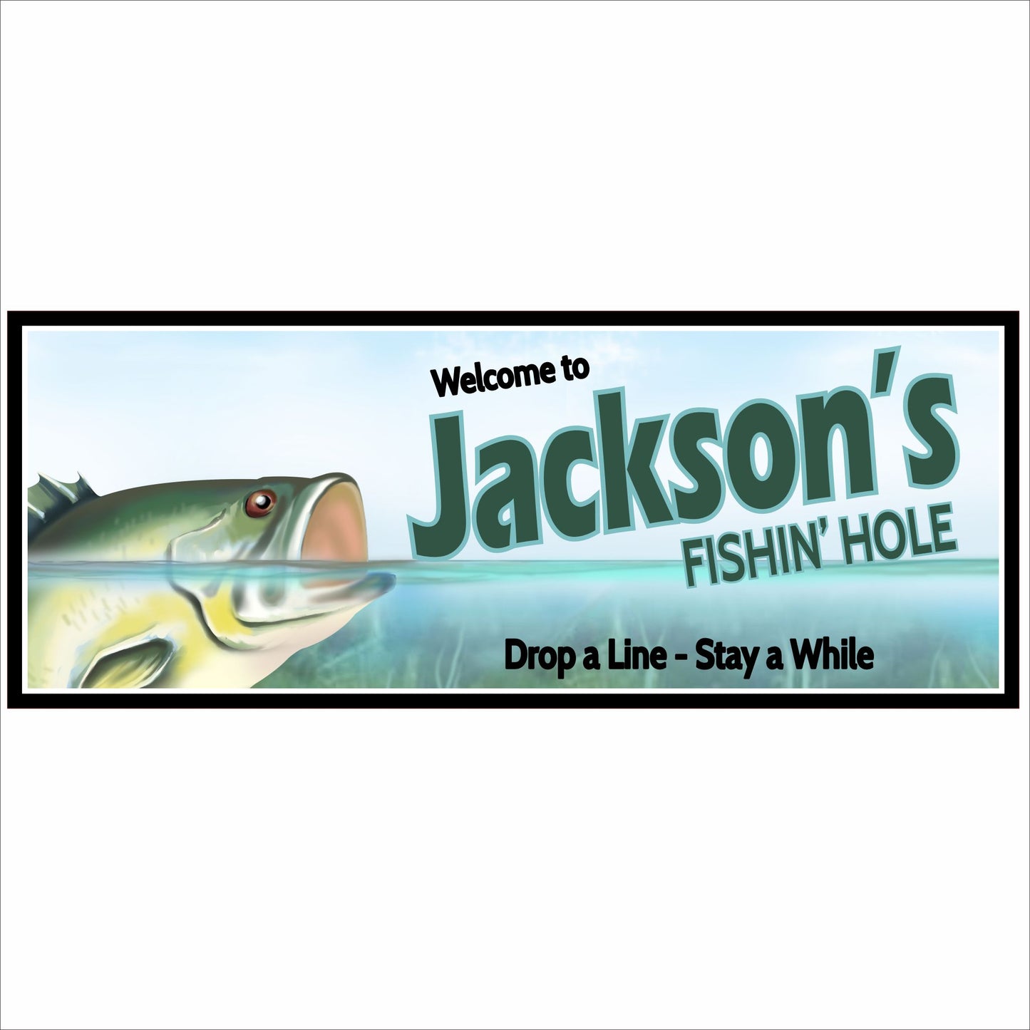 Personalized fishing hole sign with fish illustration and lake scene