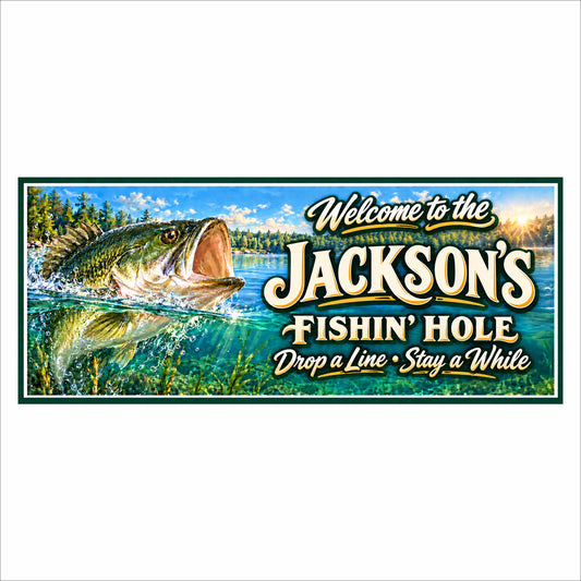 Personalized fishing hole sign with a largemouth bass, turquoise lake, wooded shoreline, cream-and-gold lettering, and a dark green border.