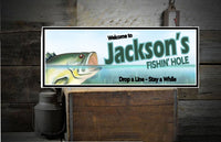 Custom Fishing Hole Welcome Sign - Personalized with Green Fish & Underwater Scene