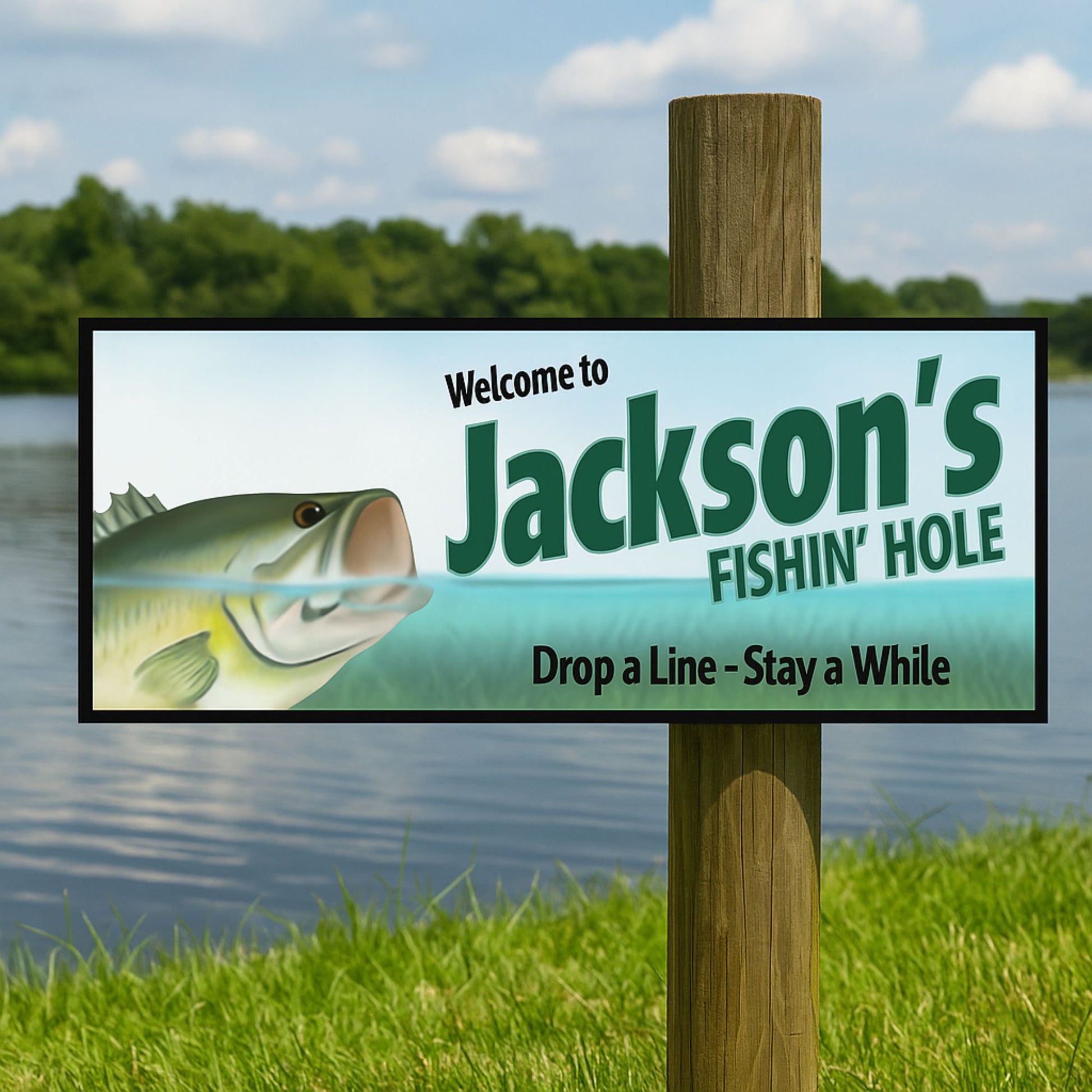 Custom fishing sign mounted on a wooden post beside a lake