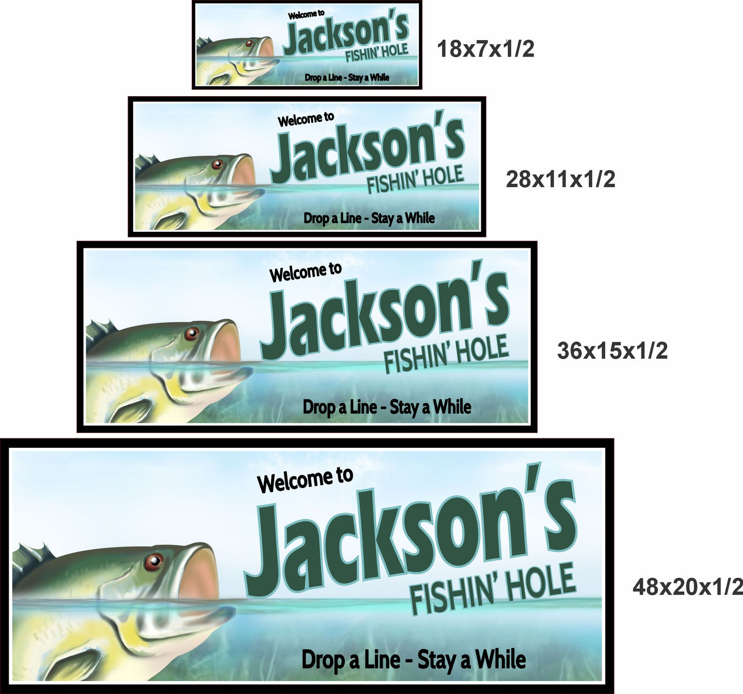 Personalized fishing sign shown in four available size options