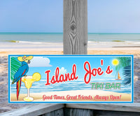 Personalized Tiki Bar Sign featuring a blue parrot on a margarita glass with a scenic ocean background, customizable text.