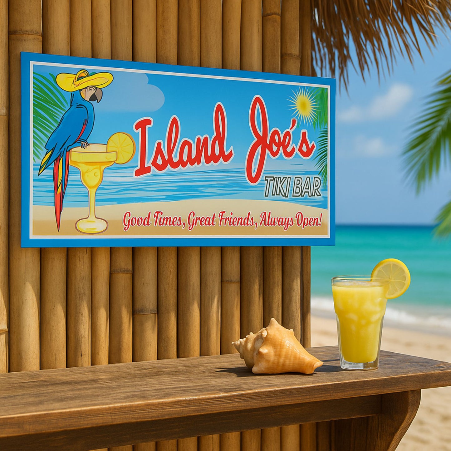 Personalized tiki bar sign mounted on a bamboo wall at a beachside bar, featuring tropical parrot artwork, ocean background, and custom island bar name, displayed above a wooden counter