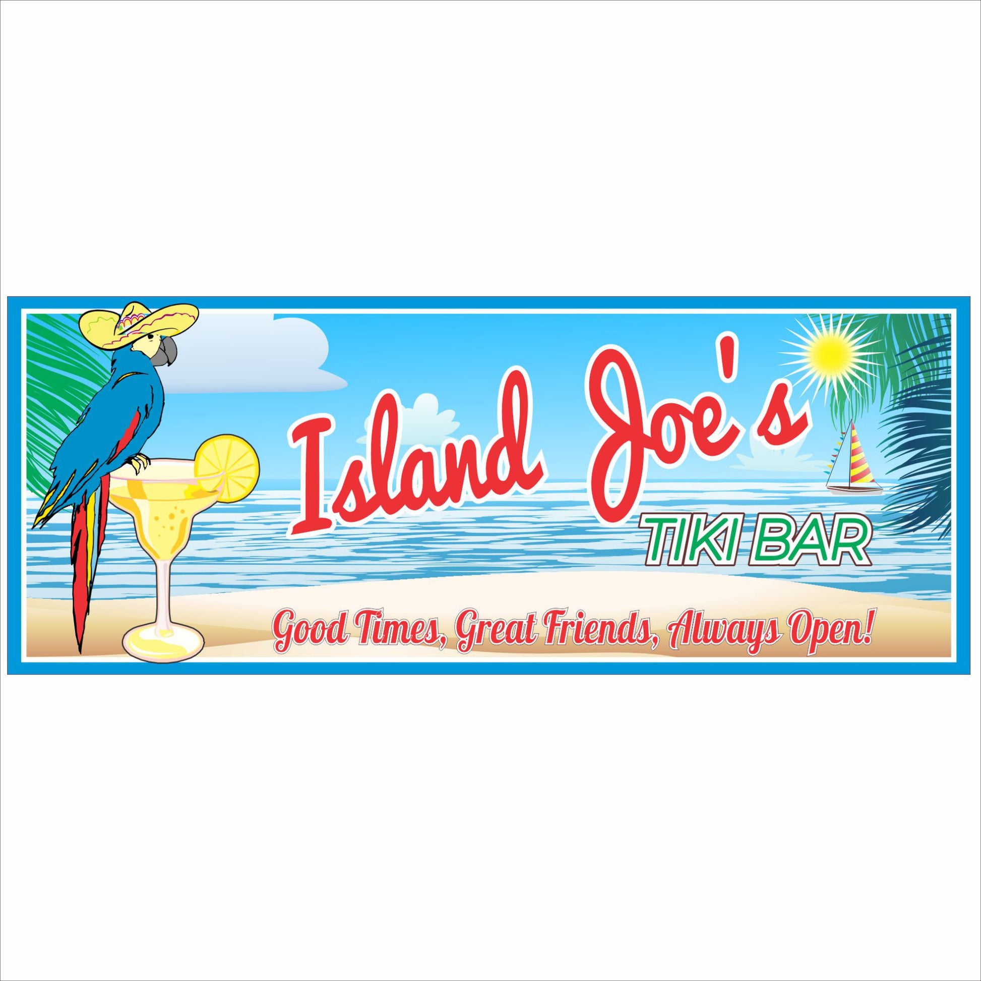 Personalized tiki bar sign with beach ocean background, tropical parrot wearing sombrero, cocktail glass, sailboat, and custom island bar text, printed vinyl on rigid PVC