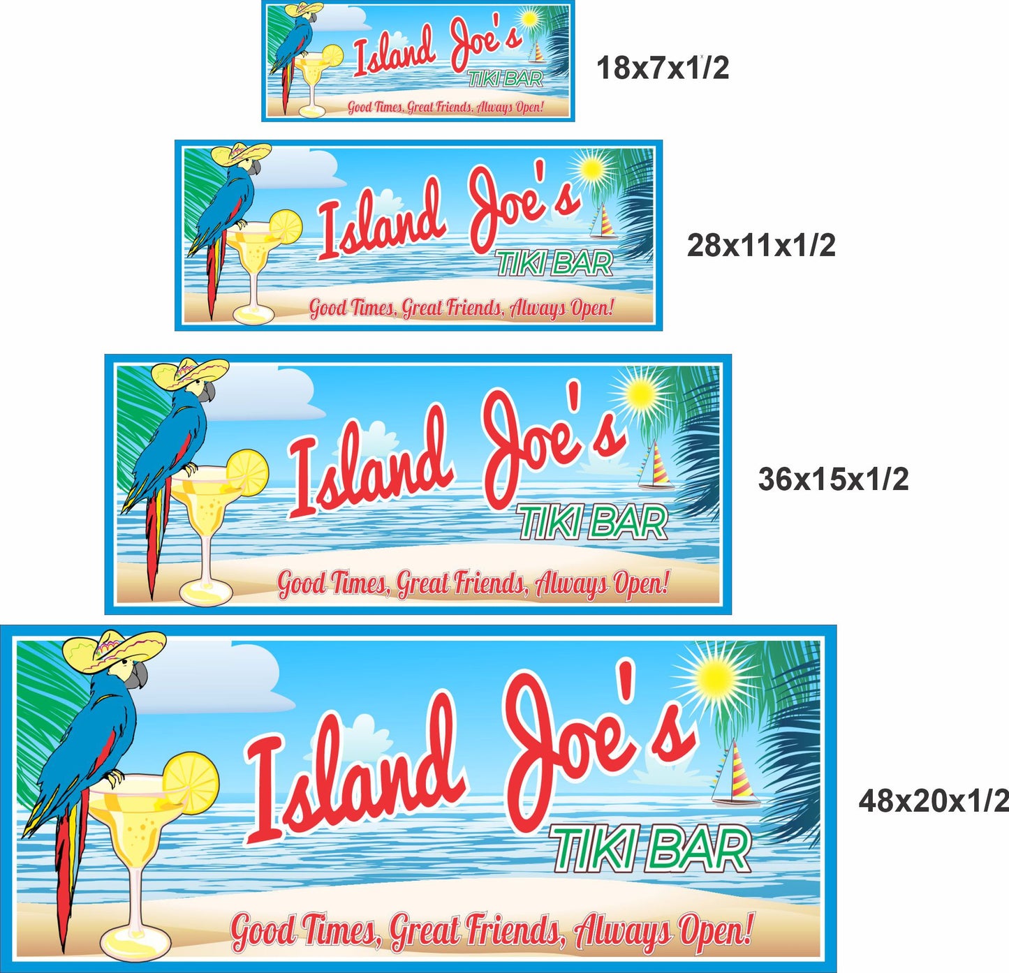 Personalized tiki bar sign size comparison showing four available sizes, tropical island design with parrot and beach artwork, printed vinyl mounted on rigid PVC