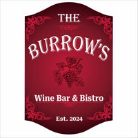 Personalized wine bar sign with grapevine artwork and elegant bistro design