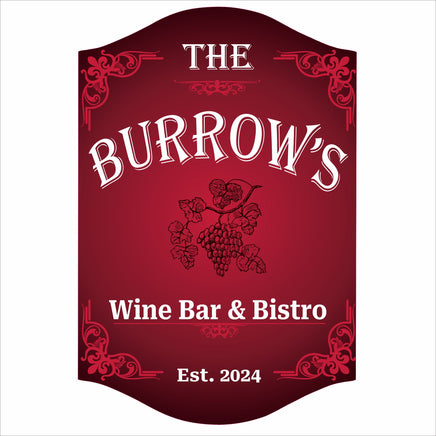 Personalized wine bar sign with grapevine artwork and elegant bistro design