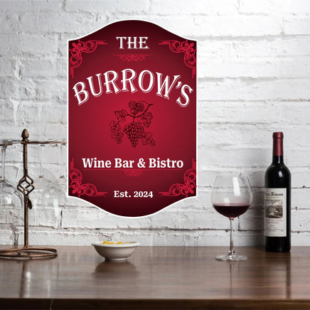 Personalized wine bar and bistro sign featuring red grape vines and customizable established date, ideal for enhancing wine-themed decor.