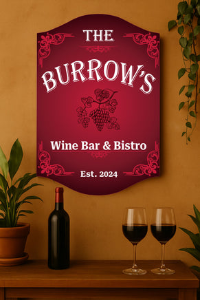 Custom wine bar sign displayed in a cozy bistro setting with wine bottles and glasses