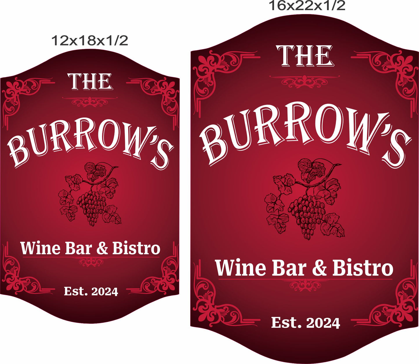 Personalized wine bar sign shown in 12x18 and 16x22 inch size options