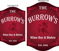Personalized wine bar sign shown in 12x18 and 16x22 inch size options