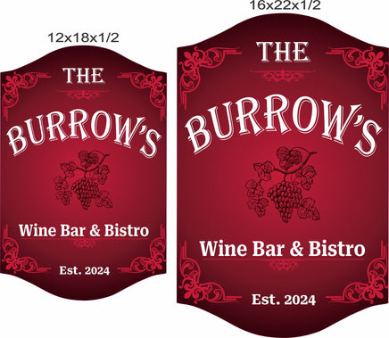 Personalized wine bar sign shown in 12x18 and 16x22 inch size options