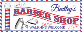 Personalized Barber Shop sign with red, white, and blue pole, scissors, comb, and razor illustration