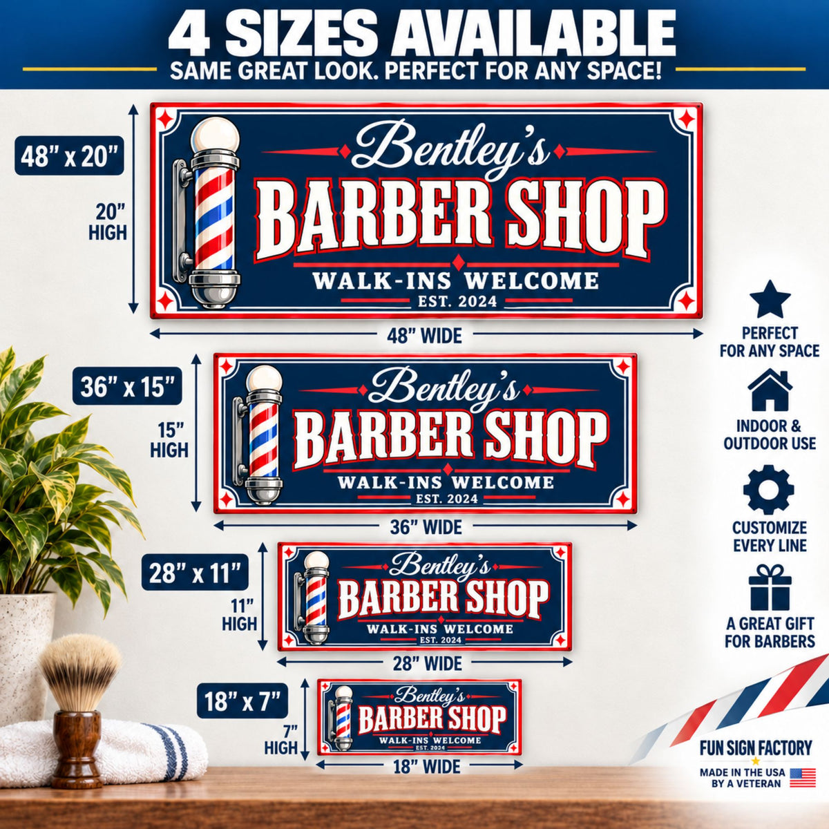 Personalized barber shop sign in four sizes: 18×7, 28×11, 36×15, and 48×20 inches, with dimension arrows and indoor and outdoor use information.
