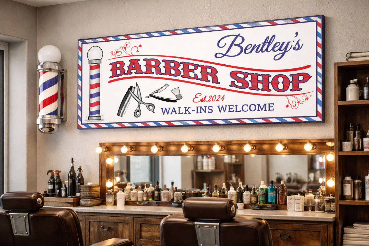 Custom barbershop sign displayed inside a professional barber shop above styling chairs