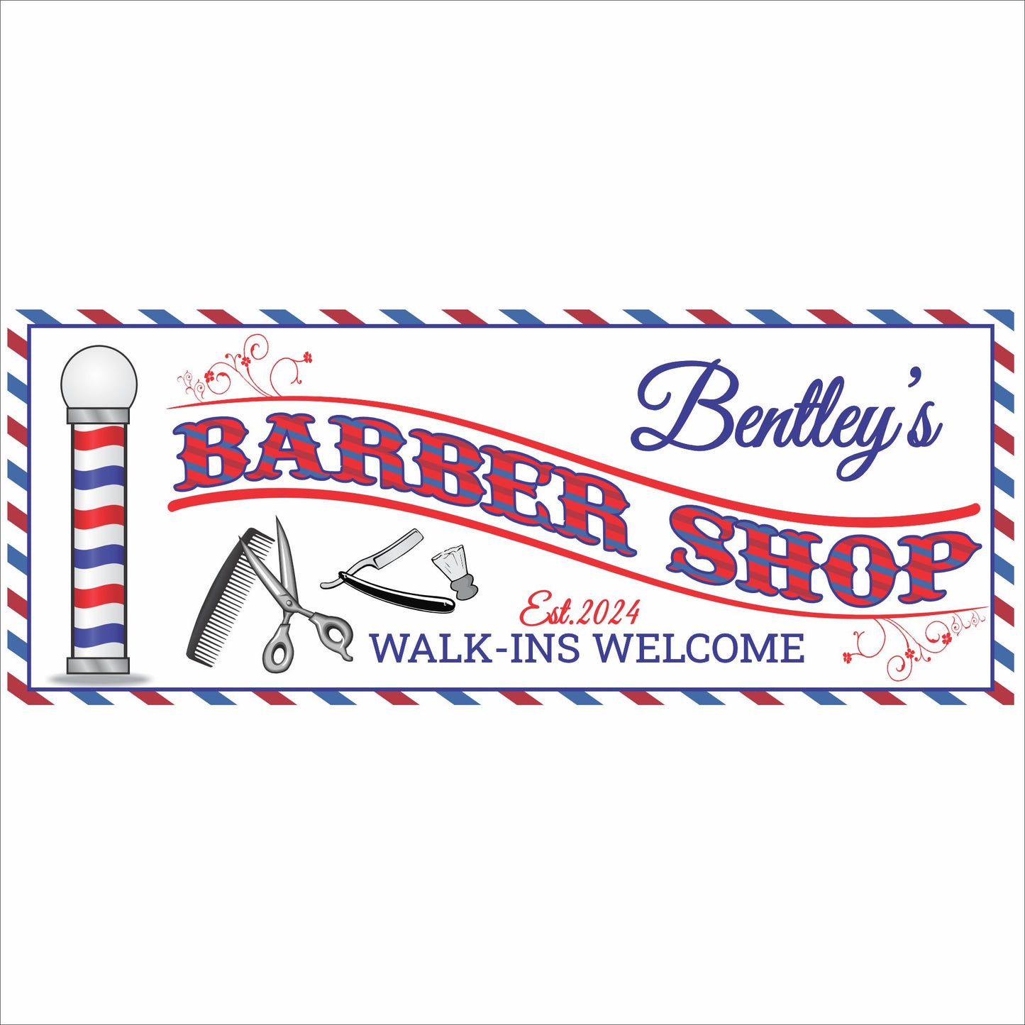 Personalized barbershop sign with red, white, and blue barber pole design