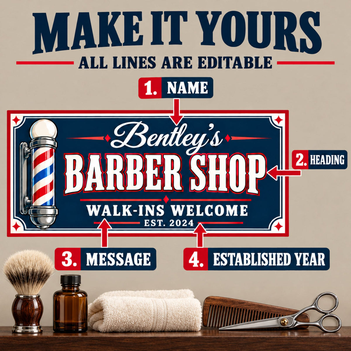 Barber shop sign with arrows identifying four editable lines: name, heading, message, and established year, with barber tools along the bottom.