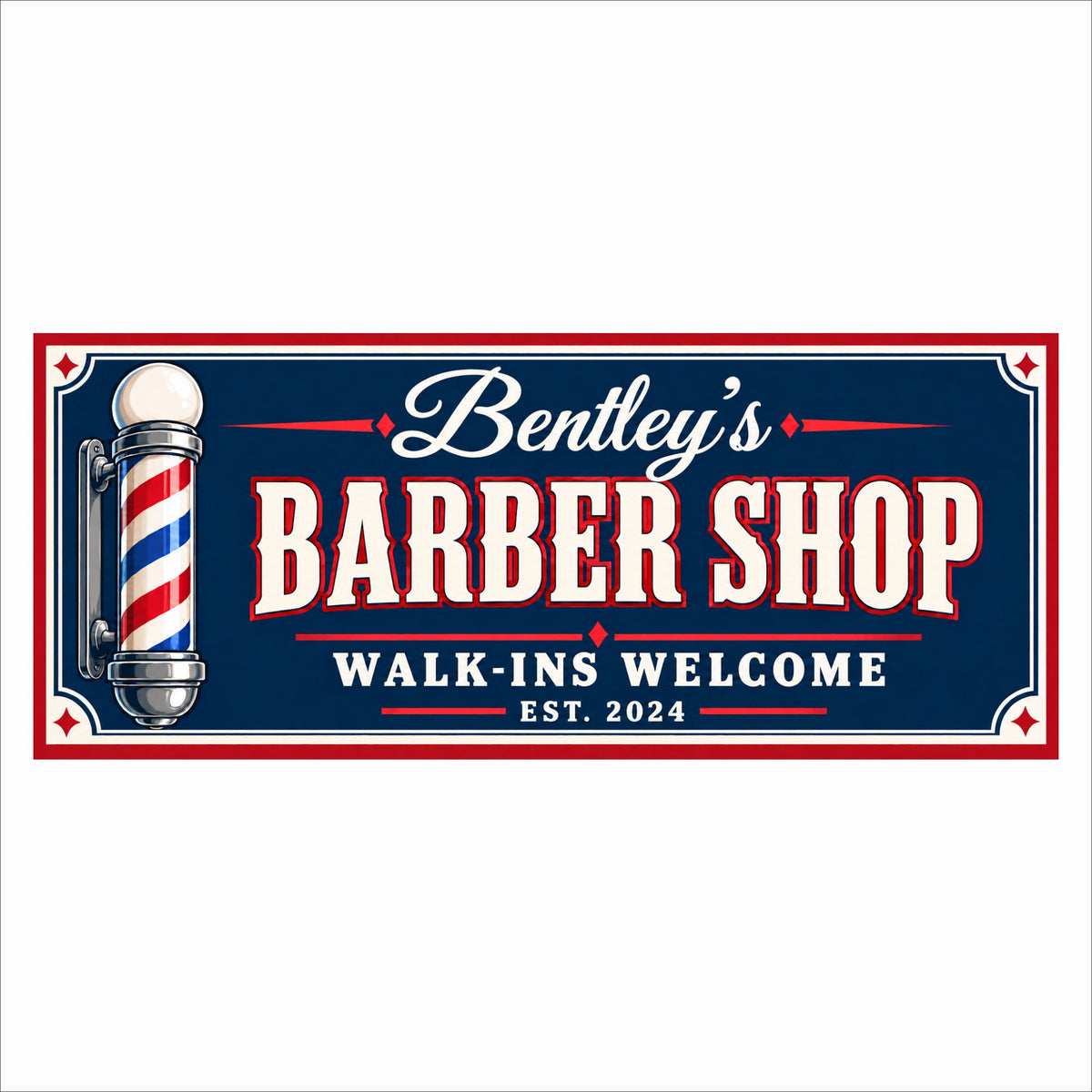 Straight-on view of a personalized barber shop sign with a navy background, ivory lettering, red accents, a classic barber pole, and a continuous cream border. Text includes a custom name, Barber Shop, Walk-Ins Welcome, and an established year.