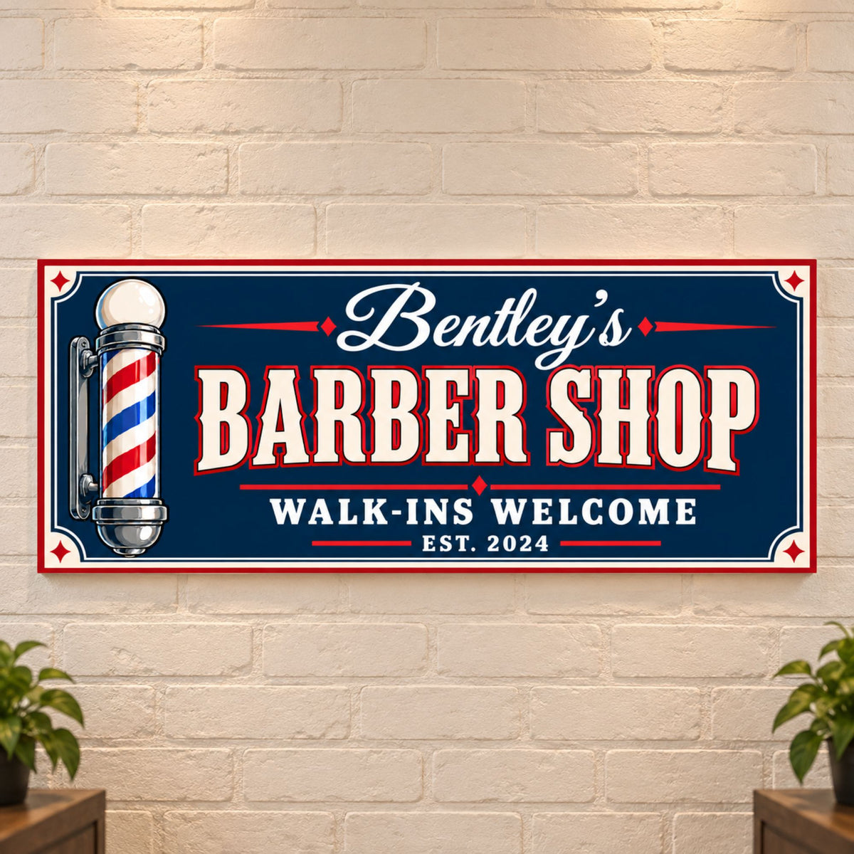 Personalized vintage barber shop sign centered on a light brick wall, featuring a barber pole, bold ivory lettering, red accents, and a continuous cream border.