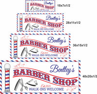 Four Barber Shop signs shown in 18x7, 28x11, 36x15, and 48x20 inches for size reference