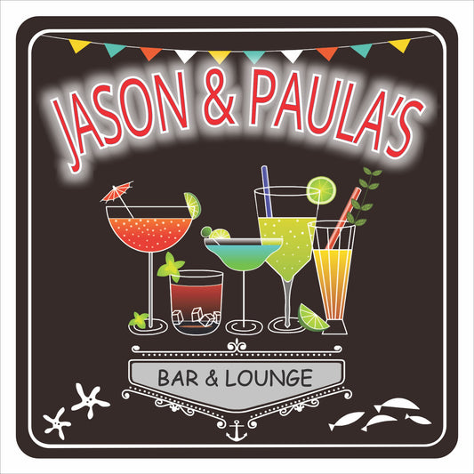 Personalized bar and lounge sign with colorful cocktail illustrations printed on rigid PVC