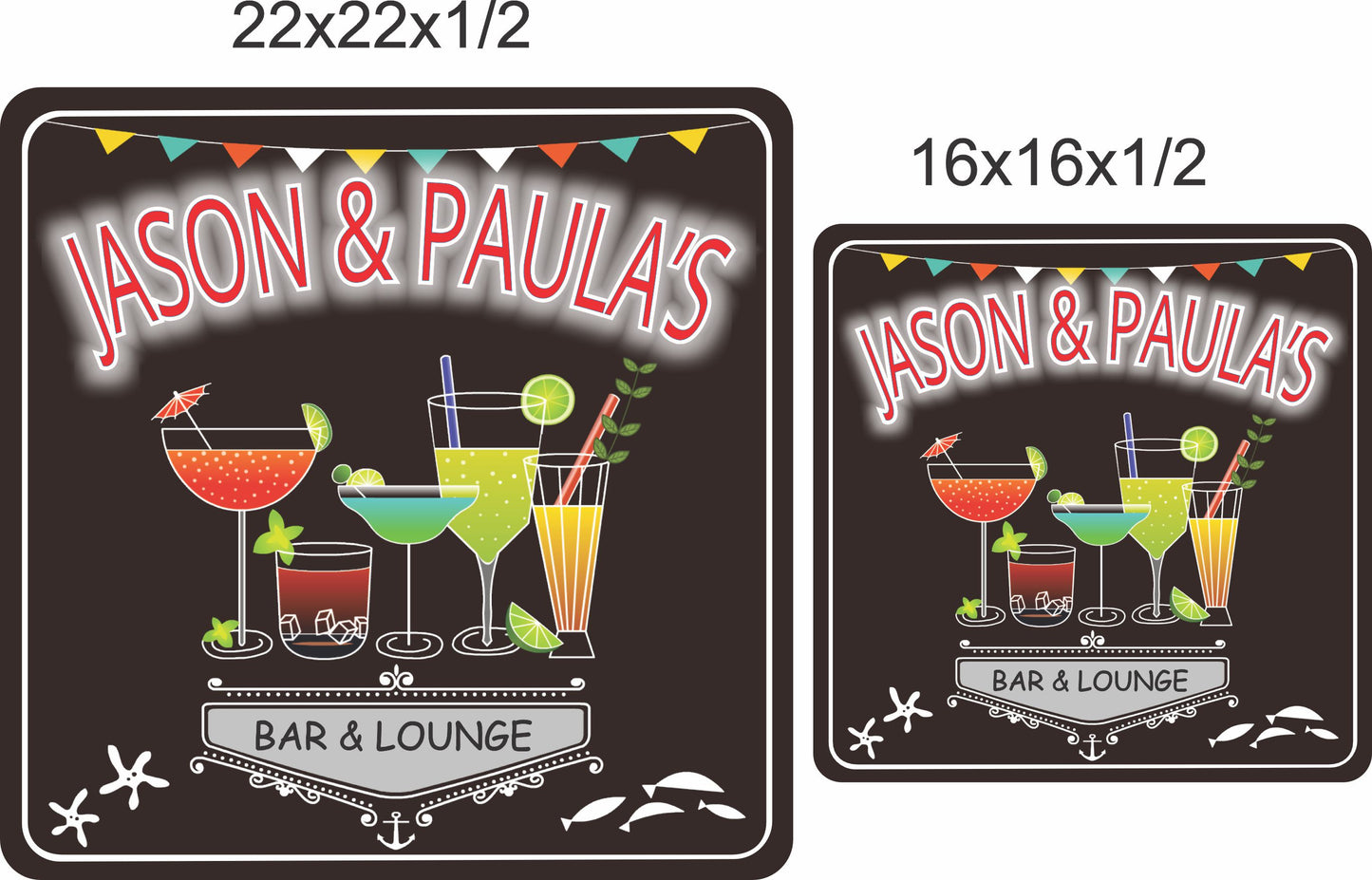 Personalized bar sign shown in 16x16 inch and 22x22 inch size options for scale