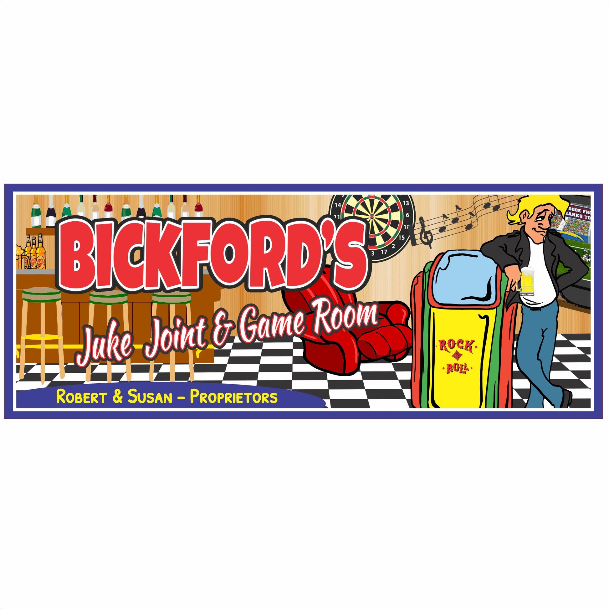 Personalized juke joint and game room sign with retro bar illustration and colorful vintage design