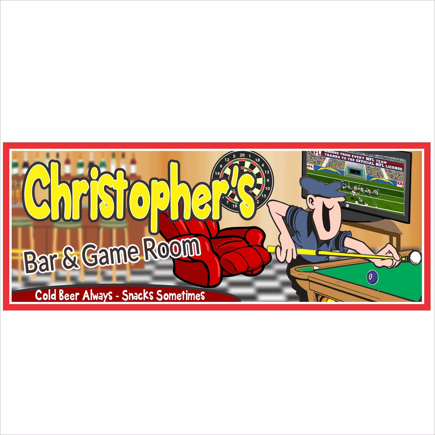 Personalized bar and game room sign with pool table, TV sports scene, and custom name text