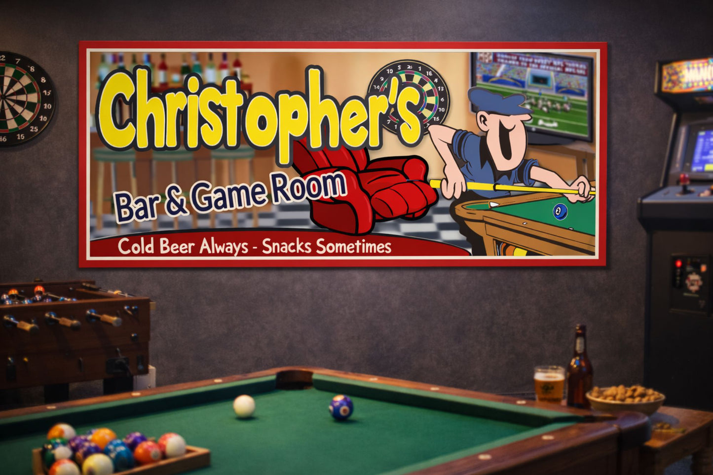 Custom bar and game room sign mounted on a wall in a home game room with pool table and dartboard