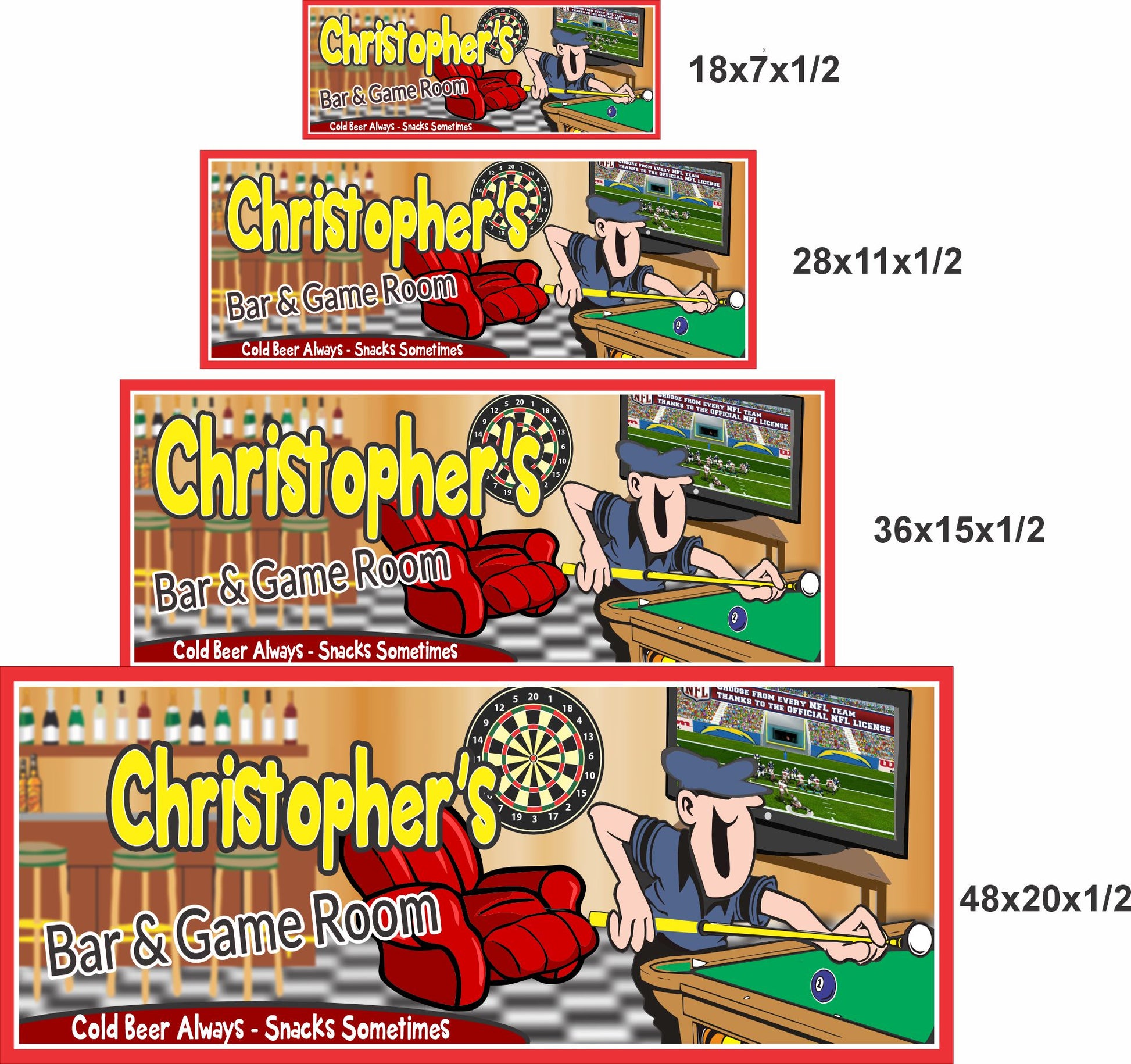 Bar and game room sign shown in 18x7, 28x11, 36x15, and 48x20 inch size options