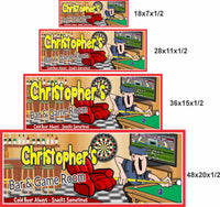 Bar and game room sign shown in 18x7, 28x11, 36x15, and 48x20 inch size options