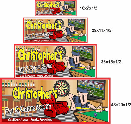 Bar and game room sign shown in 18x7, 28x11, 36x15, and 48x20 inch size options