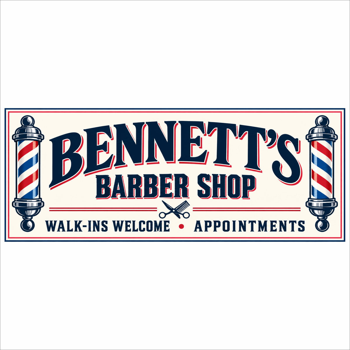 Personalized vintage barber shop sign with navy lettering, red accents, an ivory background, striped barber poles, and a scissors-and-comb emblem.