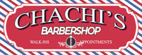 Personalized barbershop sign featuring a barber pole and a red, white, and blue striped background, with customizable text.