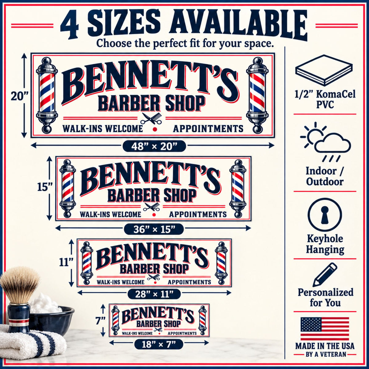 Barber shop sign size guide showing 18×7, 28×11, 36×15, and 48×20 inches, plus PVC material, indoor or outdoor use, and keyhole hanging details.