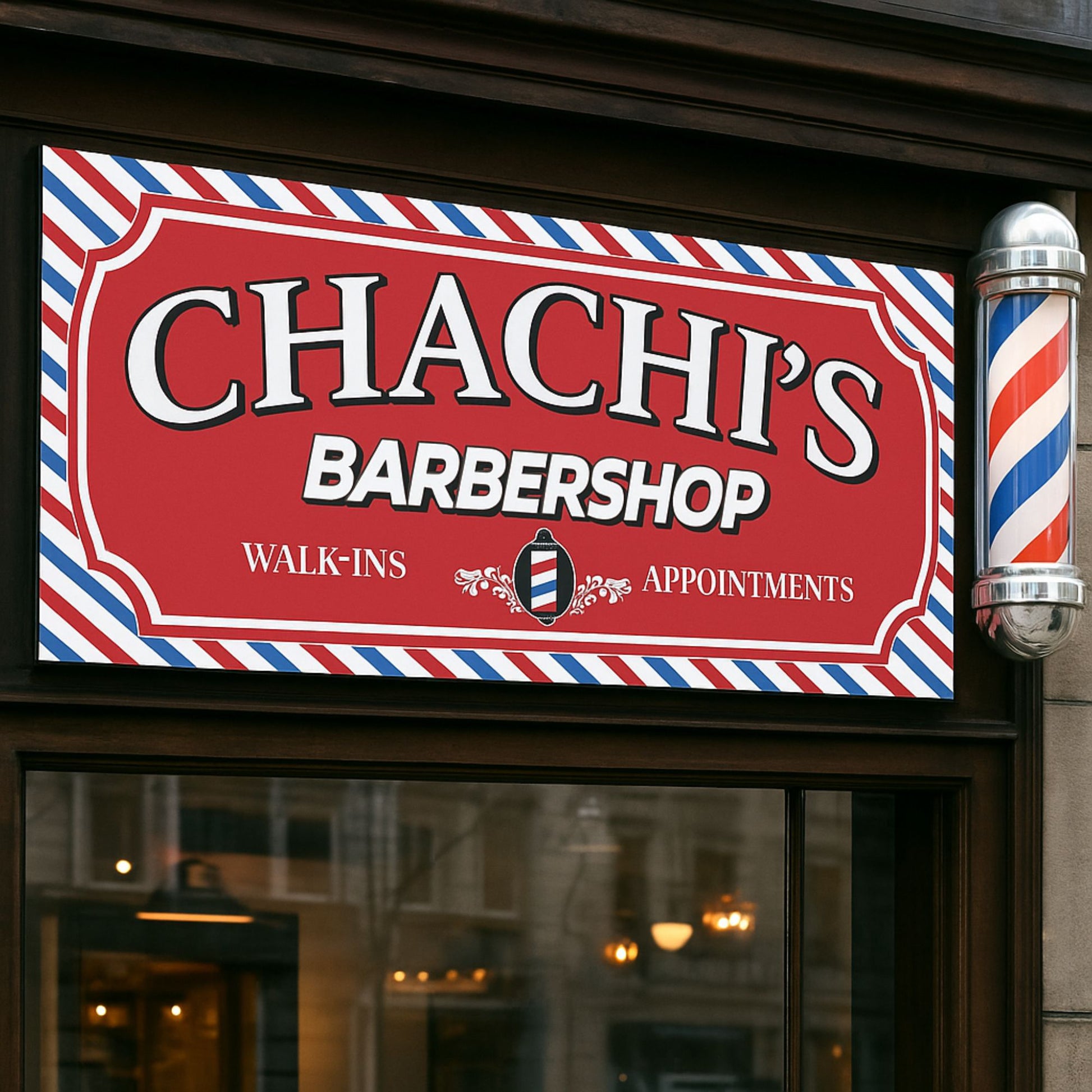 Custom barbershop sign displayed above a storefront entrance with classic barber pole