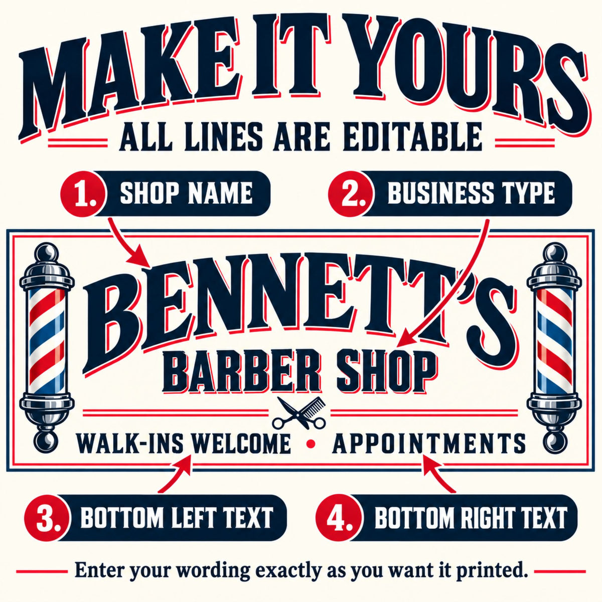 Barber shop sign guide identifying four editable text areas: shop name, business type, bottom left text, and bottom right text.