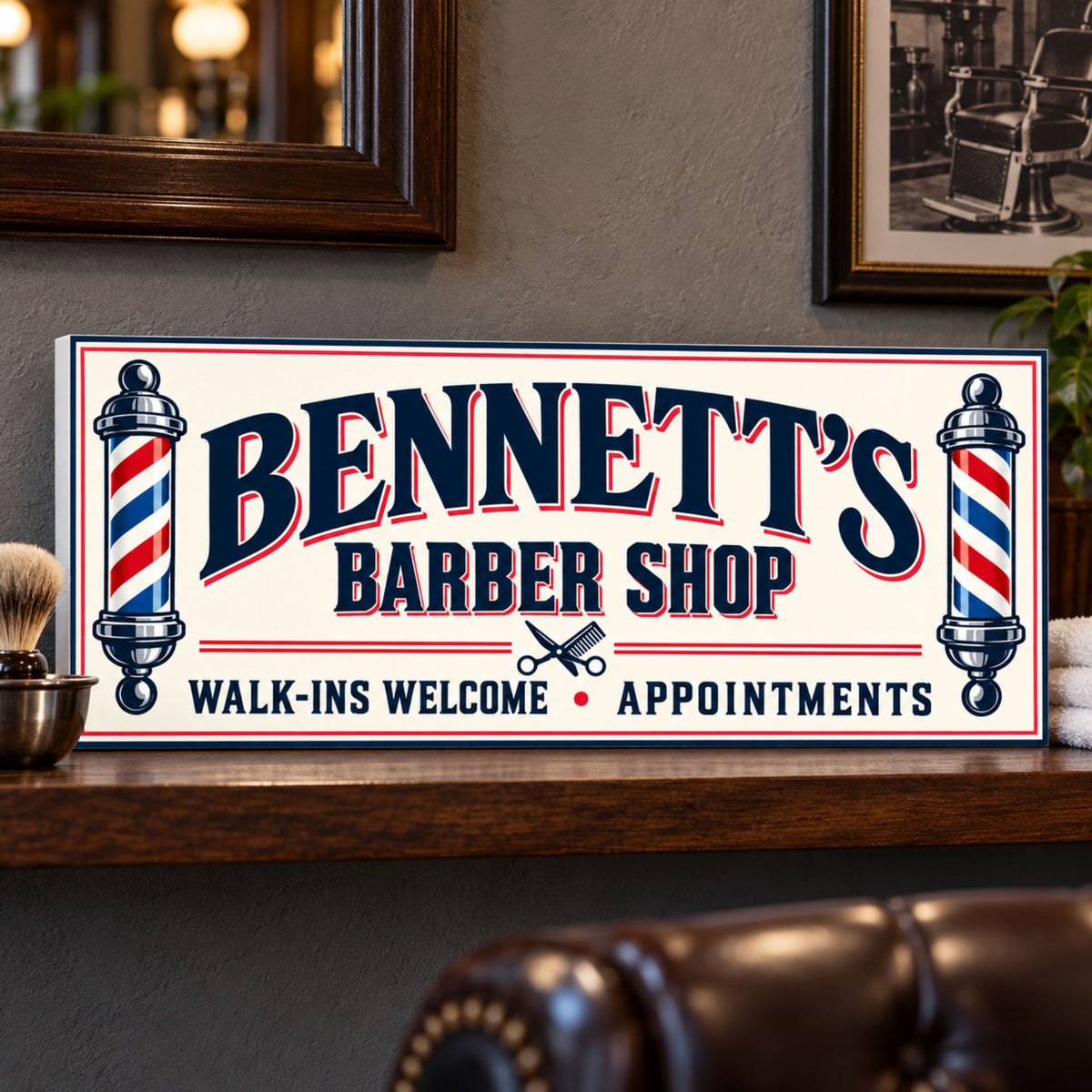Custom barber shop sign displayed on a walnut shelf beside shaving accessories, with a subtle white PVC edge visible on the left.