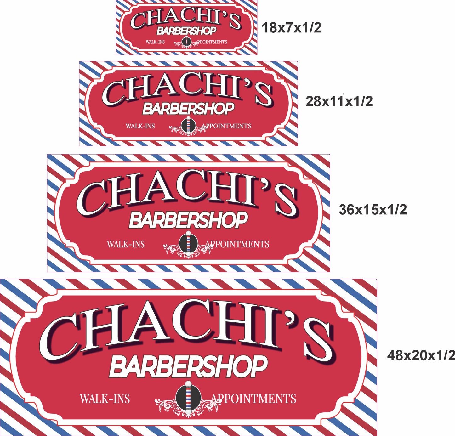 Personalized barbershop sign shown in four available sizes for wall decor