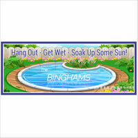 Personalized poolside sign with swimming pool and garden illustration