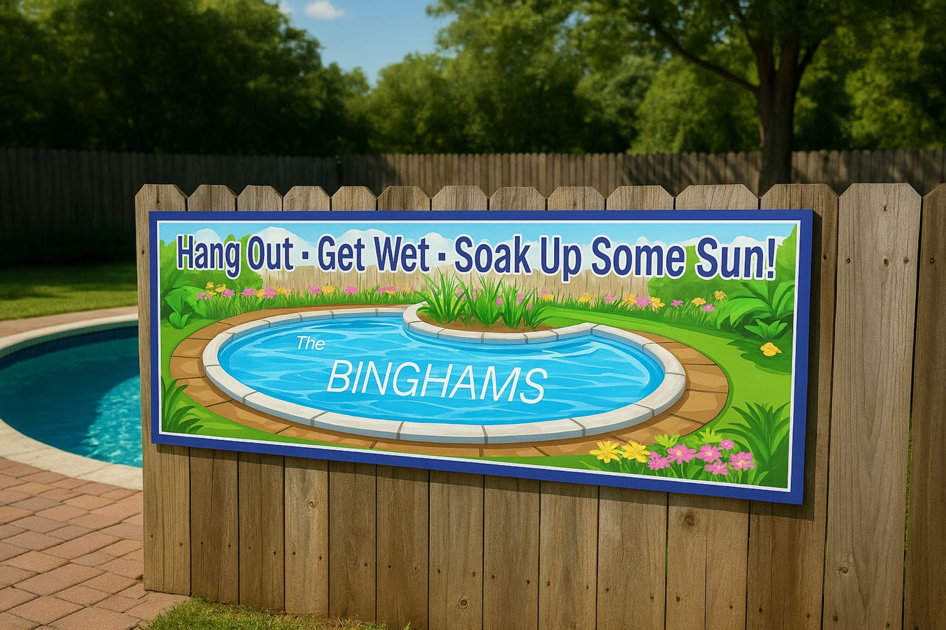Custom poolside sign displayed on a wooden fence beside a backyard swimming pool