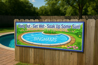 Custom poolside sign displayed on a wooden fence beside a backyard swimming pool