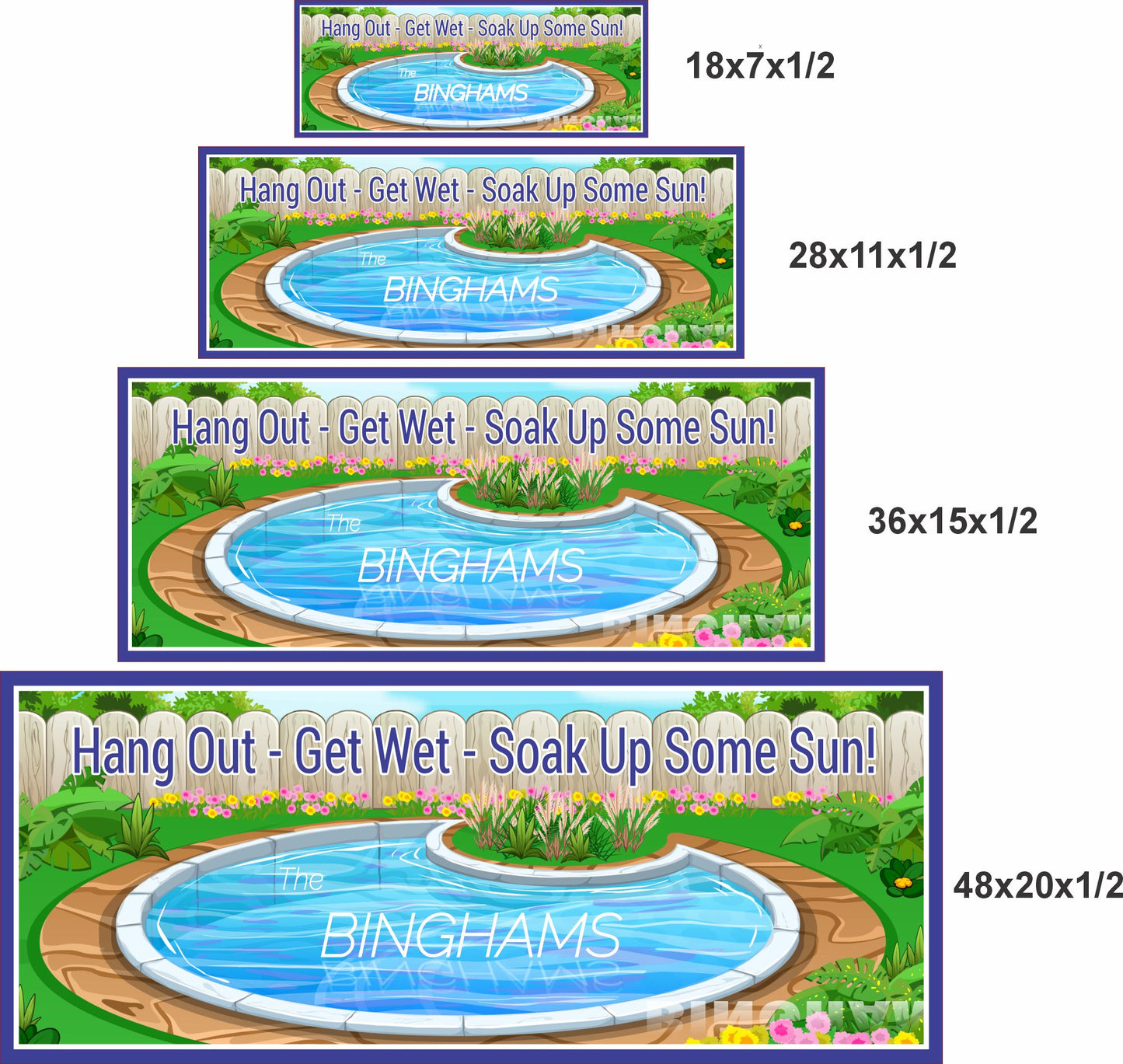 Personalized poolside sign shown in four available sizes for outdoor wall decor