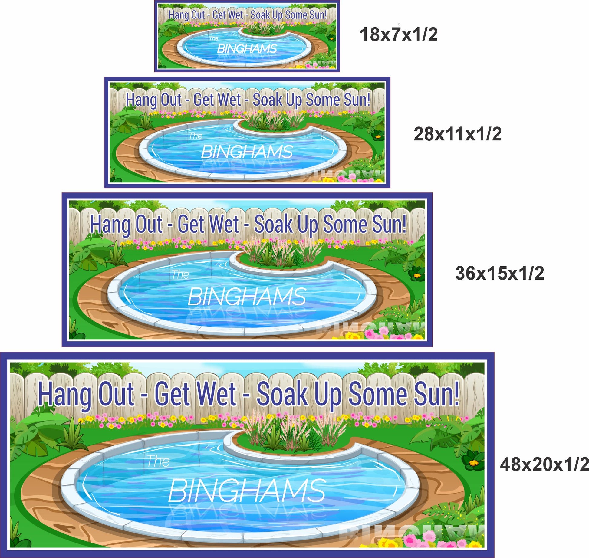 Personalized poolside sign shown in four available sizes for outdoor wall decor