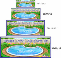 Personalized poolside sign shown in four available sizes for outdoor wall decor