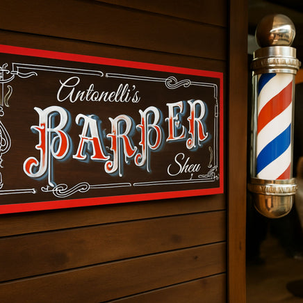 Lifestyle image showing barber shop sign with fixed “Barber” wording mounted on a wood wall beside a traditional barber pole