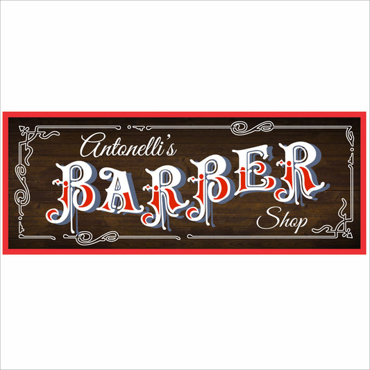 Close-up of personalized barber shop sign with fixed “Barber” text, vintage lettering, and decorative borders
