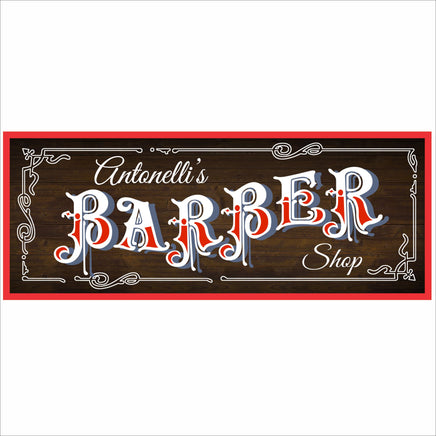 Close-up of personalized barber shop sign with fixed “Barber” text, vintage lettering, and decorative borders