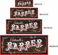 4 sizes comparison image showing barber shop sign with fixed “Barber” text in 18x7, 28x11, 36x15, and 48x20 inch option